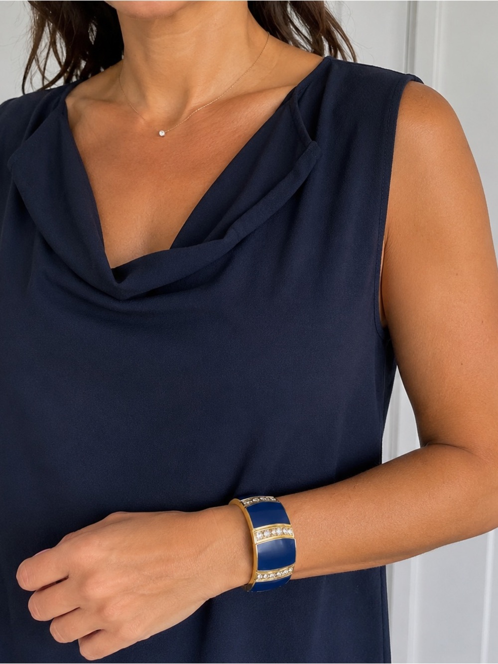 Blue Gold Tone Rhinestone Cuff Bracelet Statement Vintage Glam Chic